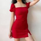 Plain Puff-sleeve Square-neck Mini Bodycon Dress