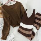 Set: Color Block Sleeveless Knit Dress + Chunky Knit Sweater