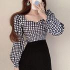 Square-neck Houndstooth Blouse Houndstooth - Black & White - One Size