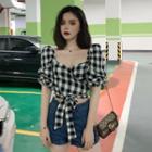 Check Short-sleeve Crop Top Check - Black & White - One Size