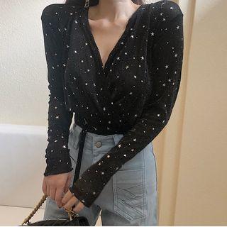 Star Sequin Mesh Blouse Black - One Size