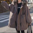 Faux Fur Trim Hooded Padded Long Zip Coat