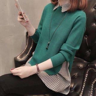 Set: Checked Sleeveless Blouse + Side Slit Sweater