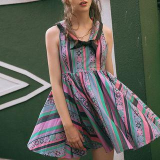 Sleeveless Printed Ribbon-neck A-line Dress