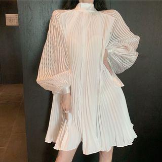 Mock Neck Long-sleeve Pleated Dress As Shown In Figure - One Size