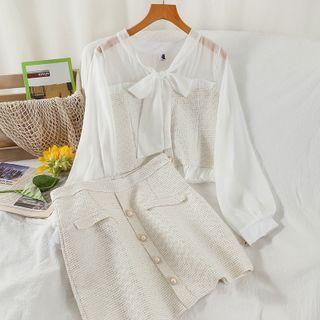 Set: Tie-neck Blouse + Tweed Pencil Skirt