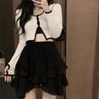 Long-sleeve Button-up Crop Top / Tiered Mini Skirt