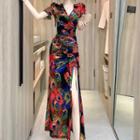 Short-sleeve V-neck Print Drawstring Midi A-line Dress