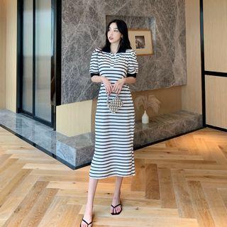Puff-sleeve Striped Midi A-line Dress Stripes - Black & White - One Size