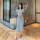Puff-sleeve Striped Midi A-line Dress Stripes - Black & White - One Size
