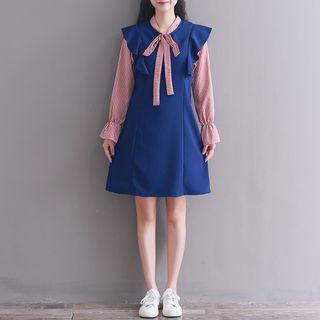 Plaid Tie-neck Mock Two-piece Dress