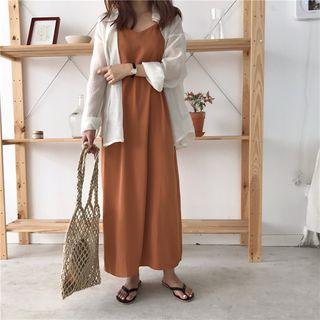 Plain Spaghetti Strap Maxi Dress / Long Sleeve Shirt