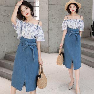 Set: Flower Print Ruffle Off-shoulder Blouse + Denim Midi Suspender Skirt
