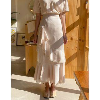 Deep-slit Laced-ruffle Maxi Skirt