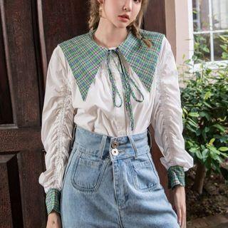 Check Long-sleeve Loose-fit Blouse White - One Size