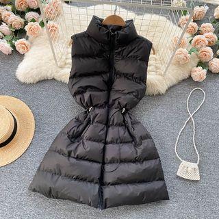 Stand-collar Drawstring Zip Sleeveless Long Jacket