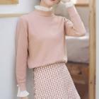 Mock-neck Lace Trim Knit Top Pink - One Size