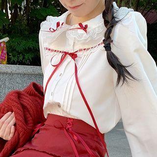 Long-sleeve Collared Lace Trim Shirt