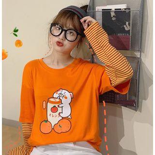 Pig Print Mock Two-piece Long-sleeve T-shirt