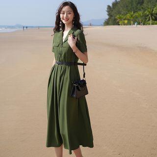 Short-sleeve Open-collar Midi A-line Shirtdress