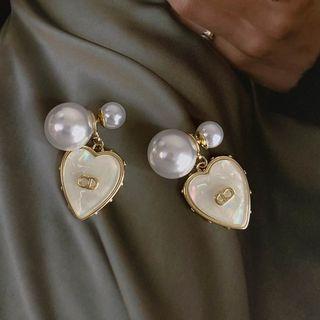 Heart Drop Ear Stud 1 Pair - Gold & White - One Size