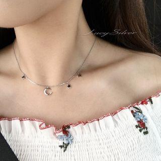 925 Sterling Silver Moon & Star Pendant Choker As Shown In Figure - One Size