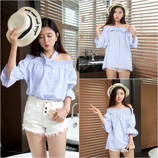 Bow Off-shoulder Striped Blouse