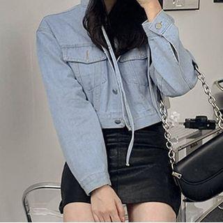 Hooded Cropped Denim Button Jacket Blue - M