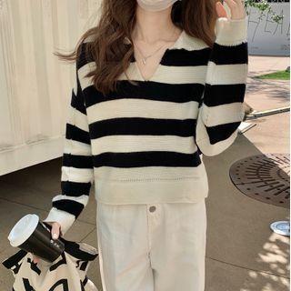 Notched Striped Polo Sweater