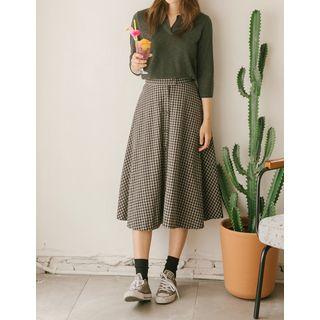 Gingham Long Flare Skirt With Suspender