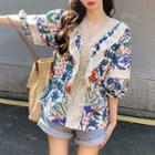 Short-sleeve V-neck Lace Panel Floral Shirt Almond - One Size