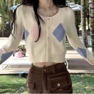 Arygle Crop Cardigan White - One Size
