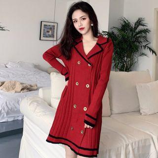Long-sleeve Contrast Trim Double-breasted Knit Dress