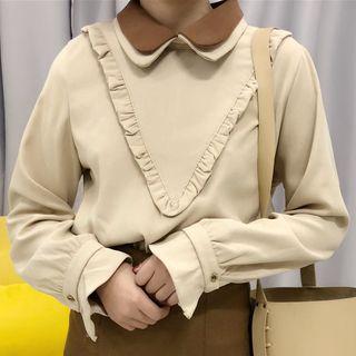 Long-sleeve Two-tone Frill-trim Top