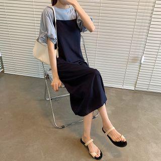 Puff-sleeve Plain T-shirt / Spaghetti Strap Plain Open-back Long Dress