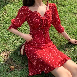 Dotted V-neck Ruffle-trim Dress