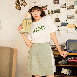 Set: Short-sleeve Letter T-shirt Dress + A-line Slit Mini Skirt