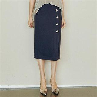 Button-trim Wool Blend Midi Skirt