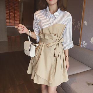 Stripe Panel Tie-waist A-line Dress