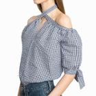 Gingham Cold Shoulder Elbow-sleeve Blouse