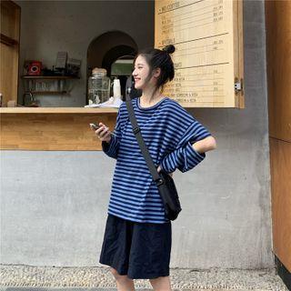 Cut Out Long-sleeve Striped T-shirt Stripe - Blue - One Size