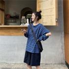 Cut Out Long-sleeve Striped T-shirt Stripe - Blue - One Size