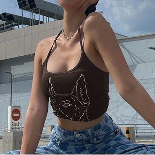 Halter Neck Doberman Print Rhinestone Camisole Top