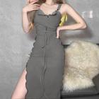 Wide Strap Lettuce Edge Midi Sheath Dress