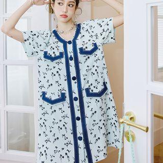Short Sleeve Contrast Trim Floral Shift Dress