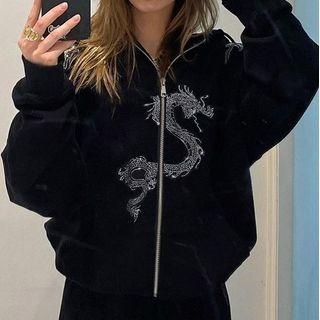 Long Sleeve Dragon Rhinestone Loose-fit Zip-up Hoodie