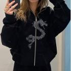 Long Sleeve Dragon Rhinestone Loose-fit Zip-up Hoodie