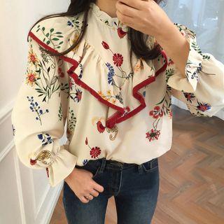 Fringed Floral Print Long Sleeve Blouse