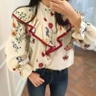 Fringed Floral Print Long Sleeve Blouse