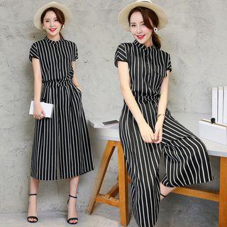 Set: Short-sleeve Striped Shirt + Cropped Wide Leg Pants